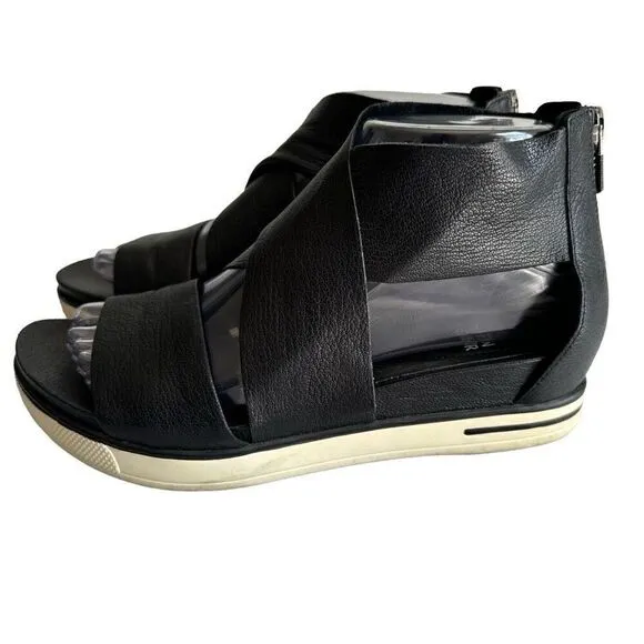 Eileen Fisher Black Leather Crossed Straps Sandals Wedge Women Size 7.5 Open Toe