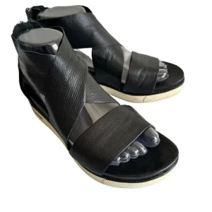 Eileen Fisher Black Leather Crossed Straps Sandals Wedge Women Size 7.5 Open Toe