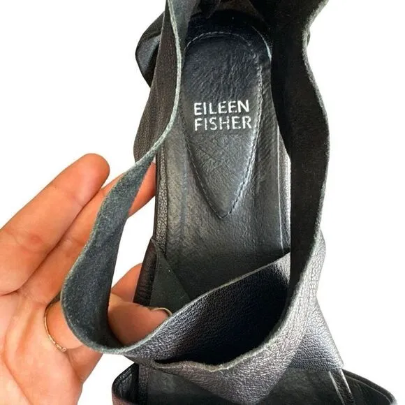 Eileen Fisher Black Leather Crossed Straps Sandals Wedge Women Size 7.5 Open Toe