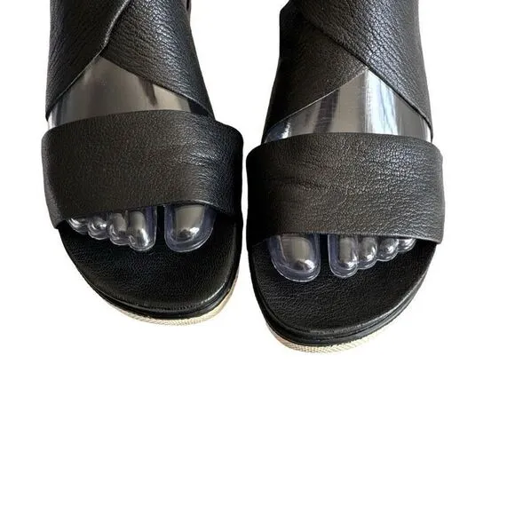 Eileen Fisher Black Leather Crossed Straps Sandals Wedge Women Size 7.5 Open Toe
