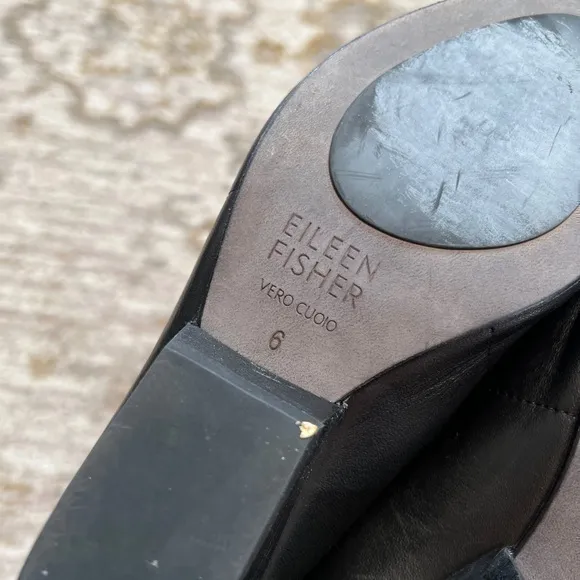Eileen Fisher JuJu Black Leather Slip‎ On Peep Toe Slides Mules Heels Sandals