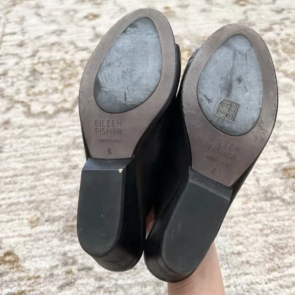 Eileen Fisher JuJu Black Leather Slip‎ On Peep Toe Slides Mules Heels Sandals