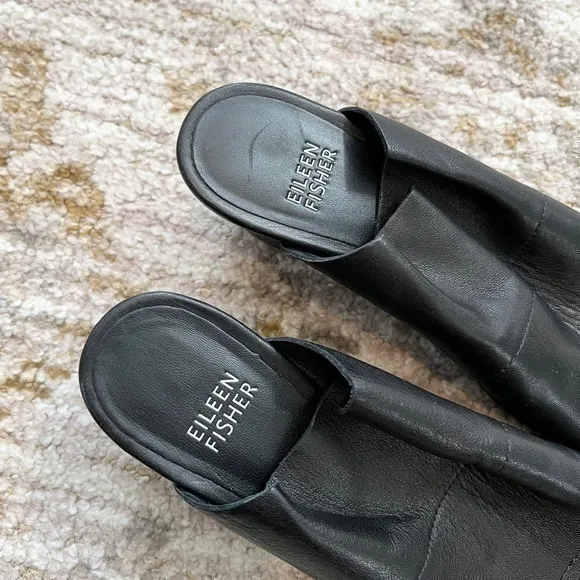 Eileen Fisher JuJu Black Leather Slip‎ On Peep Toe Slides Mules Heels Sandals