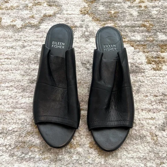 Eileen Fisher JuJu Black Leather Slip‎ On Peep Toe Slides Mules Heels Sandals
