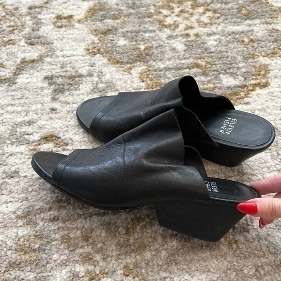 Eileen Fisher JuJu Black Leather Slip‎ On Peep Toe Slides Mules Heels Sandals