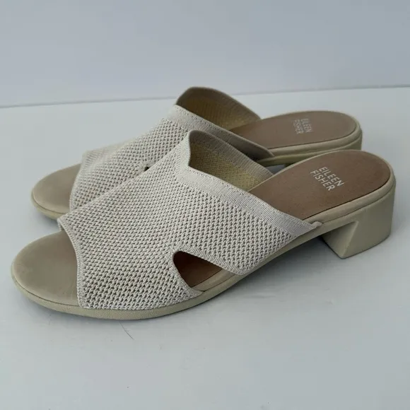 Eileen Fisher Naja Stretch Knit Block Heels Cream Slide Sandals Size 9.5