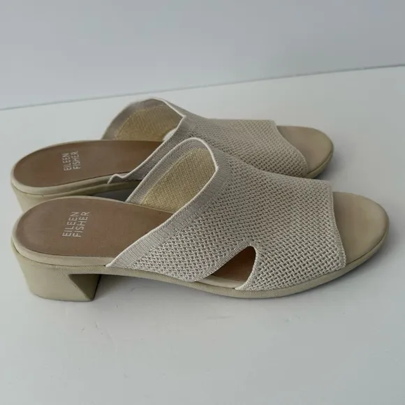 Eileen Fisher Naja Stretch Knit Block Heels Cream Slide Sandals Size 9.5