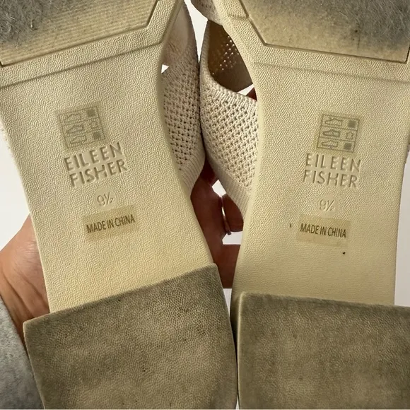 Eileen Fisher Naja Stretch Knit Block Heels Cream Slide Sandals Size 9.5