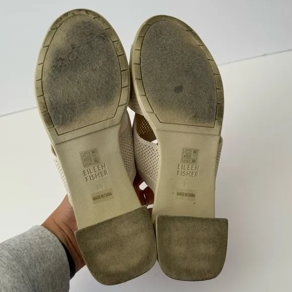 Eileen Fisher Naja Stretch Knit Block Heels Cream Slide Sandals Size 9.5