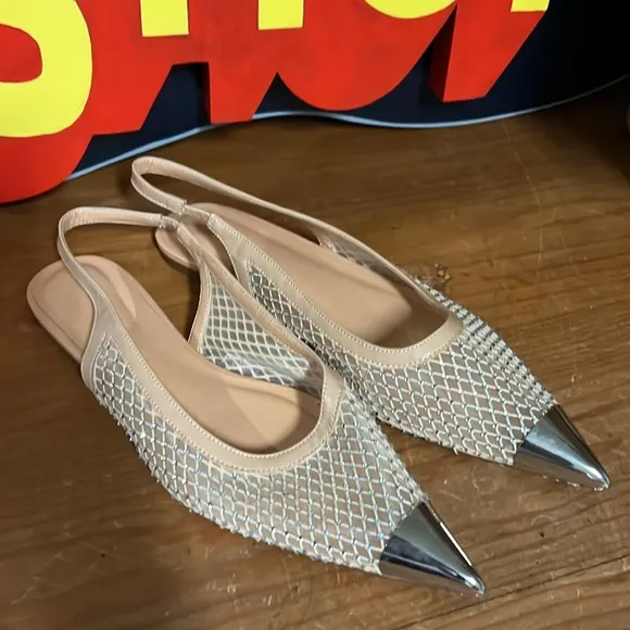 Elegant Tan and Silver Women's Slingback Flats