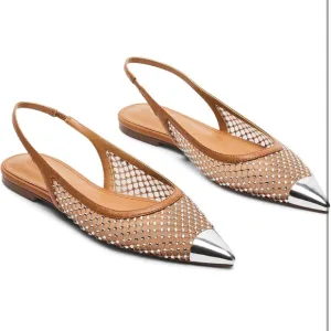 Elegant Tan and Silver Women's Slingback Flats