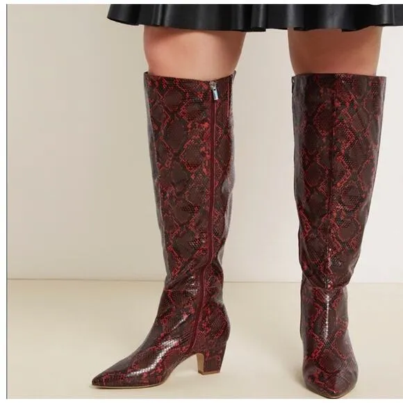 Eloquii Domenique red snakeskin knee high faux leather zip up boots size 8 wide
