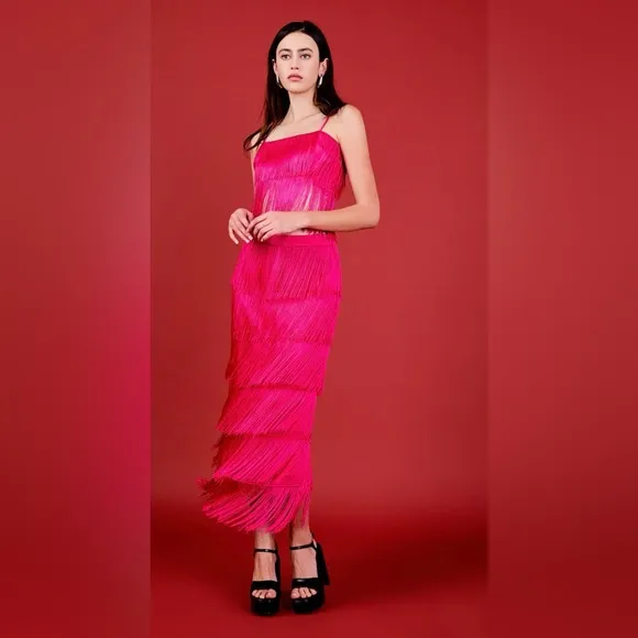Endless Rose 2-Piece FUSCHIA FRINGE TIERED MAXI SKIRT AND BANDEAU TOP size L