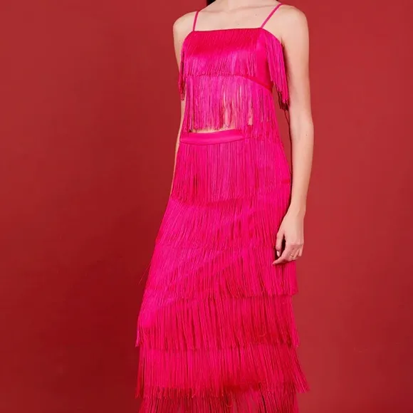 Endless Rose 2-Piece FUSCHIA FRINGE TIERED MAXI SKIRT AND BANDEAU TOP size L