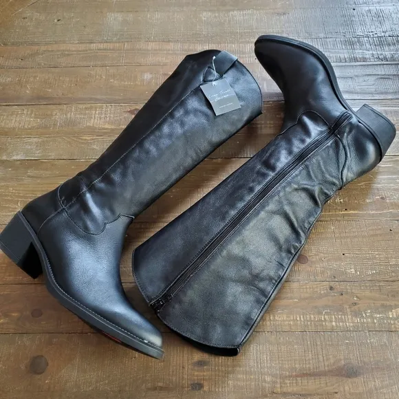 Enzo Tesoti Black Leather Pointy Toe High Zip Shaft Heel Boots Made In Spain 9.5