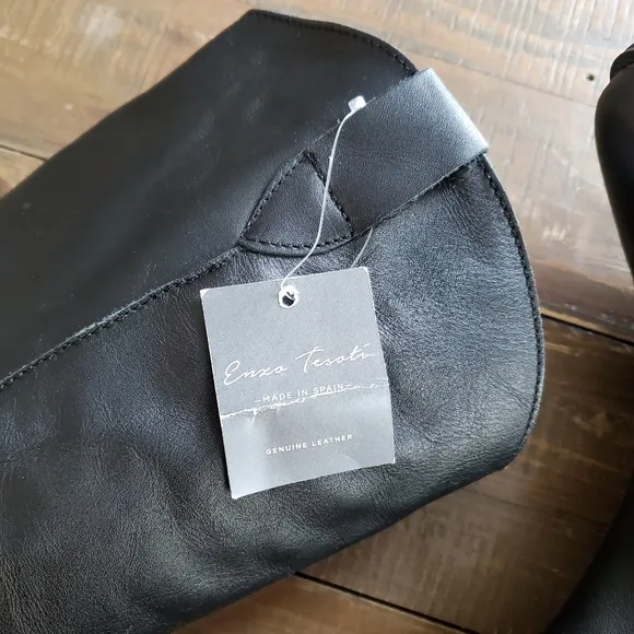 Enzo Tesoti Black Leather Pointy Toe High Zip Shaft Heel Boots Made In Spain 9.5