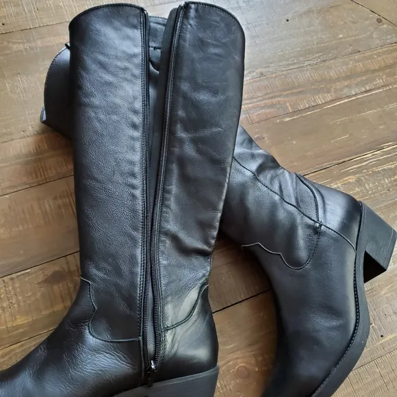 Enzo Tesoti Black Leather Pointy Toe High Zip Shaft Heel Boots Made In Spain 9.5