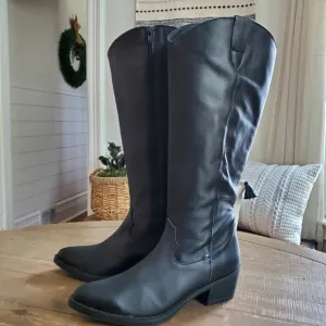 Enzo Tesoti Black Leather Pointy Toe High Zip Shaft Heel Boots Made In Spain 9.5