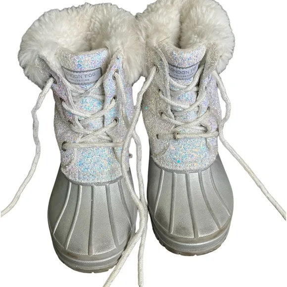 EUC Girls Size 1 London Fog White Glitter Duck Boot Winter Boots