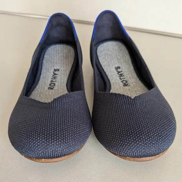 EUC Rothy's The Flat Navy Blue 001-294 Size 5 Round Toe Knit Slip On Shoe Office