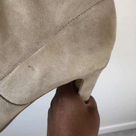 Express Over The Knee High Heel Boots Tan Beige Faux Suede Size 9 NWT’s (Flaws)