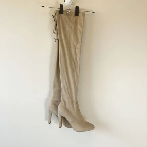 Express Over The Knee High Heel Boots Tan Beige Faux Suede Size 9 NWT’s (Flaws)