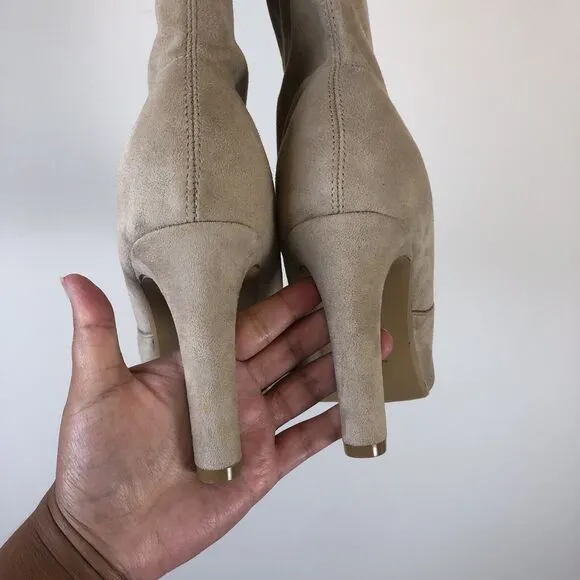 Express Over The Knee High Heel Boots Tan Beige Faux Suede Size 9 NWT’s (Flaws)