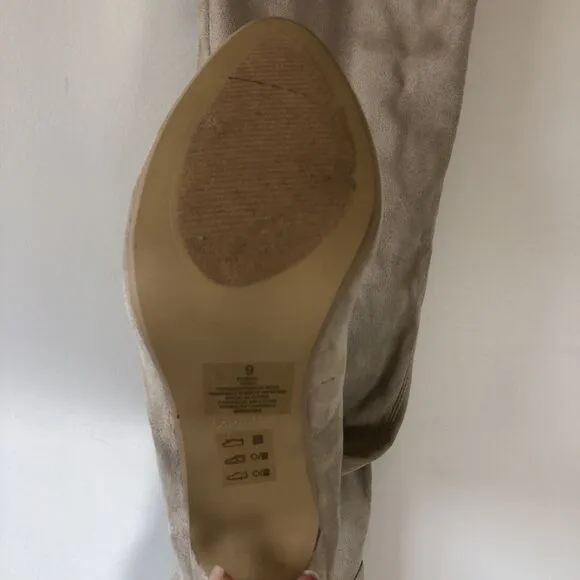 Express Over The Knee High Heel Boots Tan Beige Faux Suede Size 9 NWT’s (Flaws)