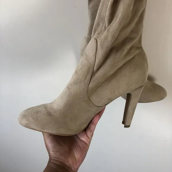 Express Over The Knee High Heel Boots Tan Beige Faux Suede Size 9 NWT’s (Flaws)