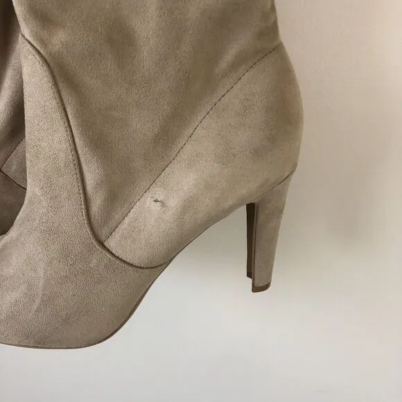 Express Over The Knee High Heel Boots Tan Beige Faux Suede Size 9 NWT’s (Flaws)