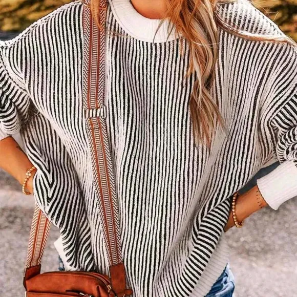 Fashionable Loose Fit Striped Contrast Color Crew Neck Sweater