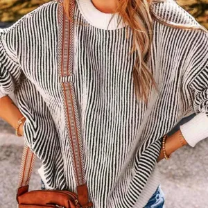 Fashionable Loose Fit Striped Contrast Color Crew Neck Sweater