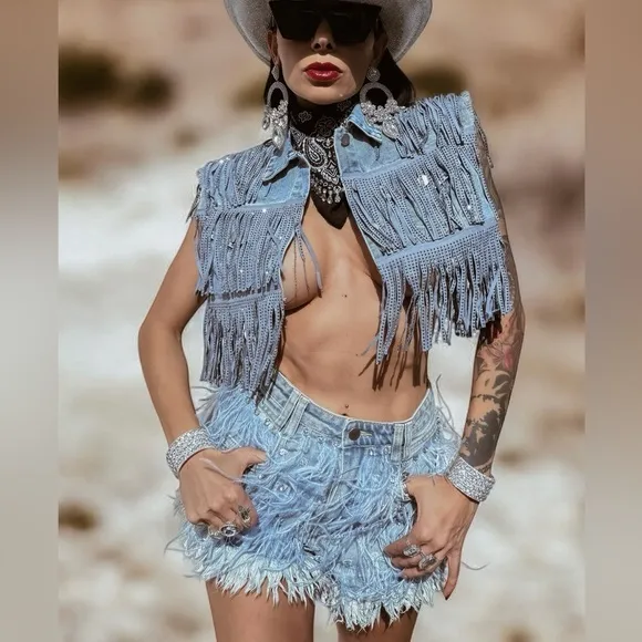 Feather Fringe Rhinostone Denim Cowgirl Shorts, Cowboy Carter Costume