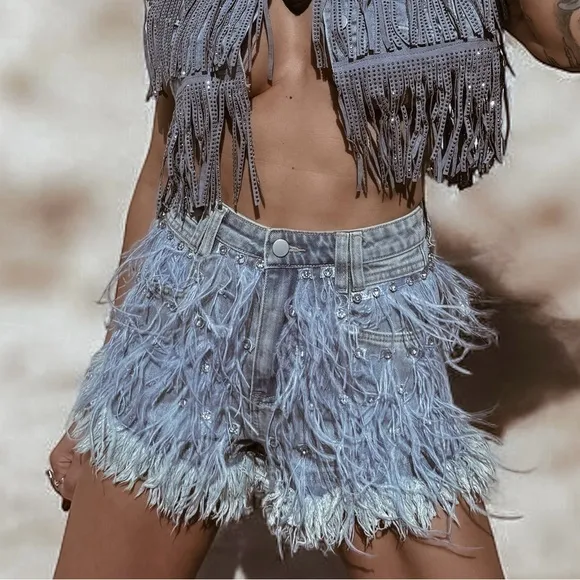 Feather Fringe Rhinostone Denim Cowgirl Shorts, Cowboy Carter Costume