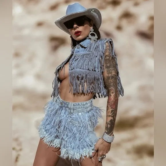 Feather Fringe Rhinostone Denim Cowgirl Shorts, Cowboy Carter Costume