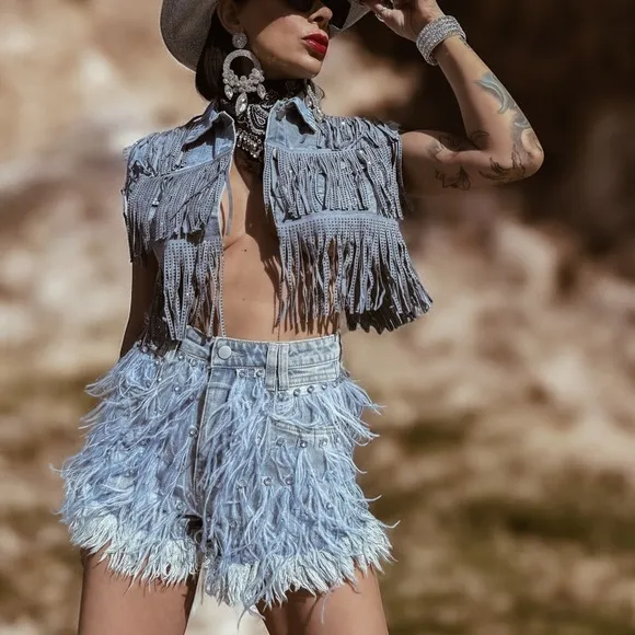 Feather Fringe Rhinostone Denim Cowgirl Shorts, Cowboy Carter Costume