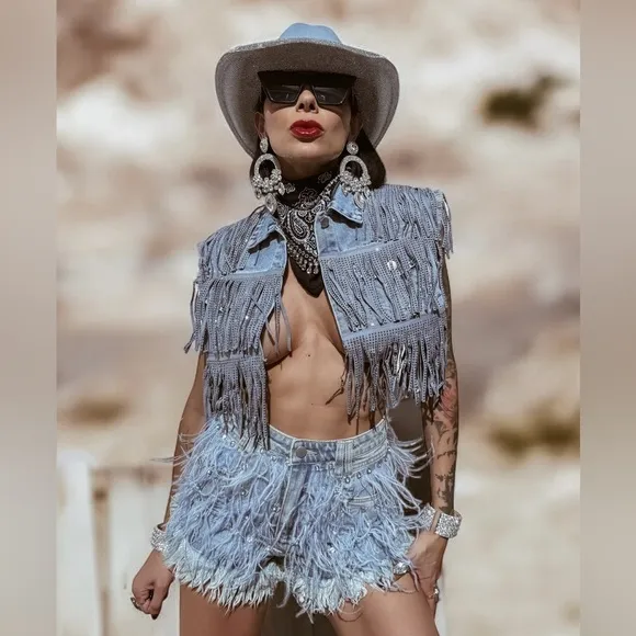 Feather Fringe Rhinostone Denim Cowgirl Shorts, Cowboy Carter Costume