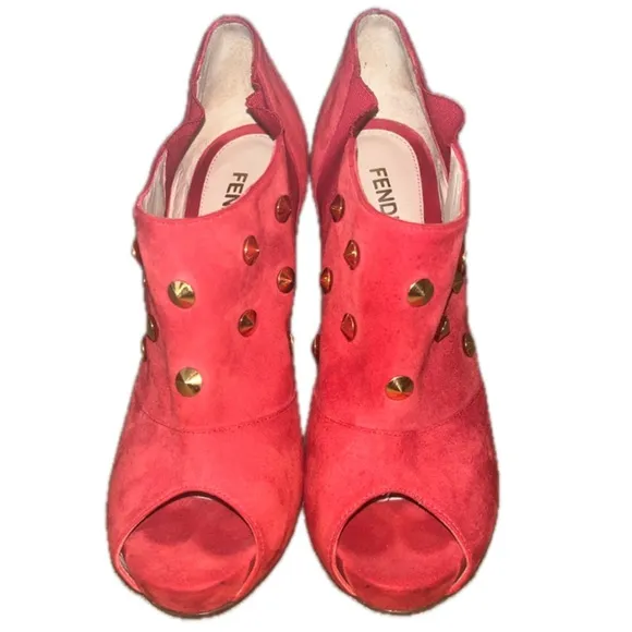 FENDI Red Studded Suede Platform Ankle heels boots, Size 36 US 5.5