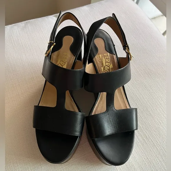 Ferragamo 6.5 Women Black and Gold Platform Wedge Sandals