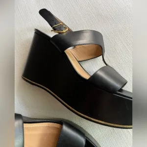 Ferragamo 6.5 Women Black and Gold Platform Wedge Sandals