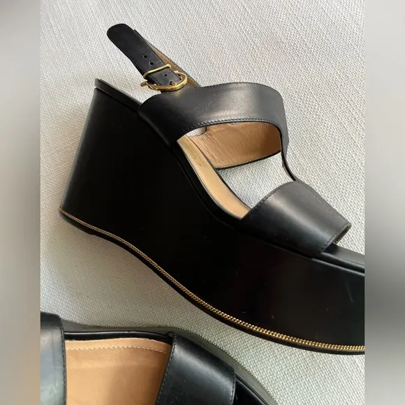 Ferragamo 6.5 Women Black and Gold Platform Wedge Sandals