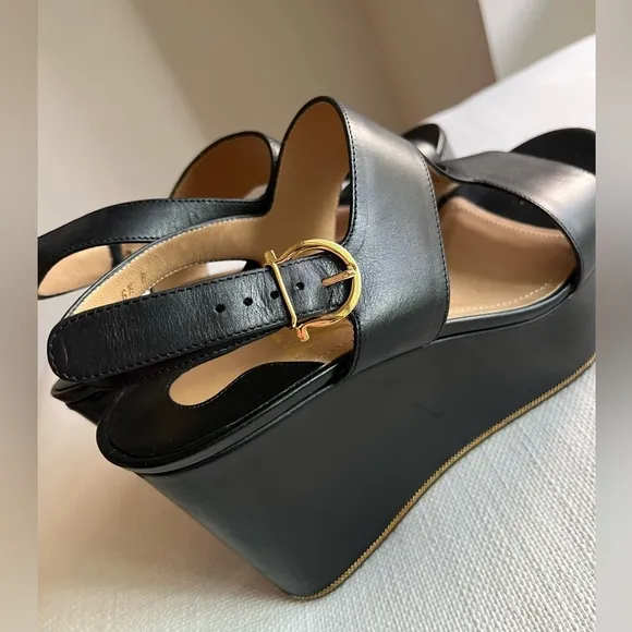 Ferragamo 6.5 Women Black and Gold Platform Wedge Sandals