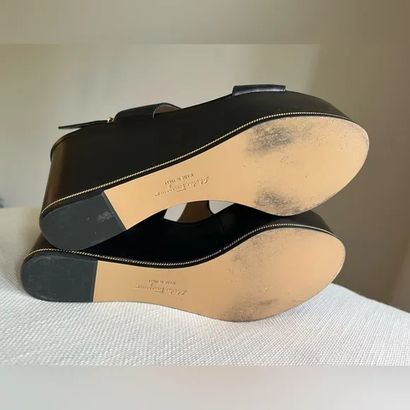 Ferragamo 6.5 Women Black and Gold Platform Wedge Sandals