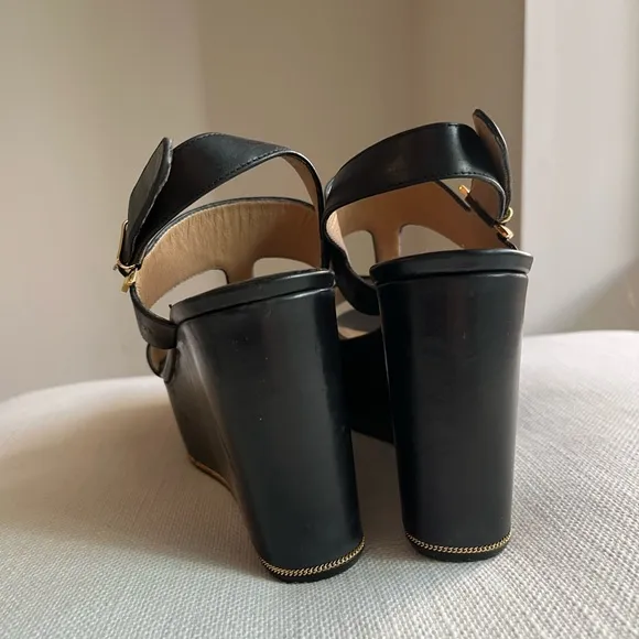 Ferragamo 6.5 Women Black and Gold Platform Wedge Sandals
