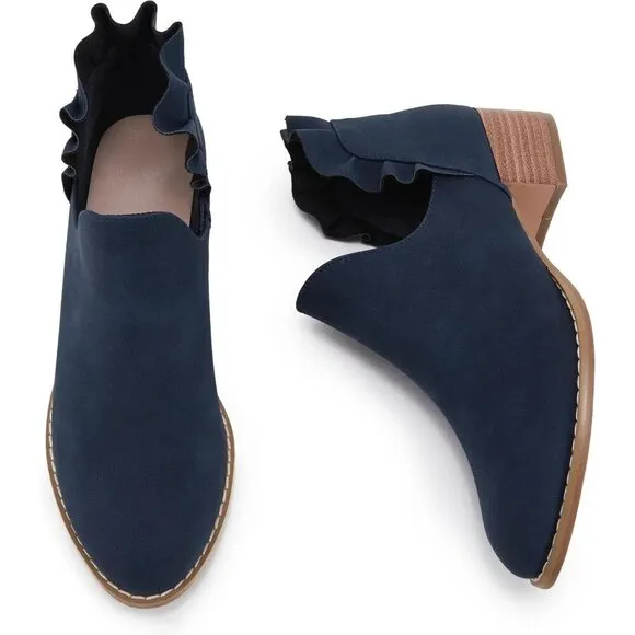Fisace Ruffled Ankle Boots Women Blue Faux Leather Pointed Toe Chunky Low Heels