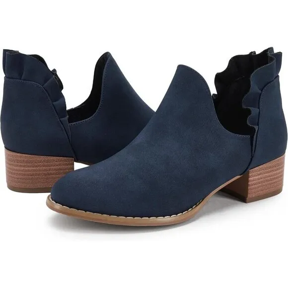 Fisace Ruffled Ankle Boots Women Blue Faux Leather Pointed Toe Chunky Low Heels
