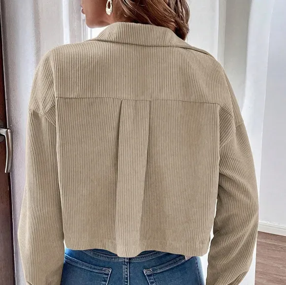 Flap Pocket Drop Shoulder Crop Corduroy Jacket