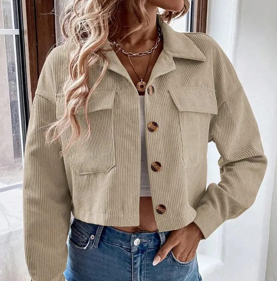 Flap Pocket Drop Shoulder Crop Corduroy Jacket