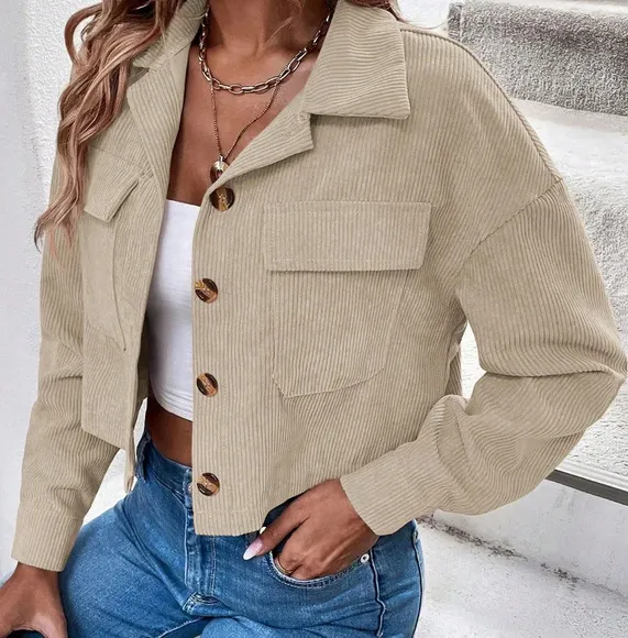 Flap Pocket Drop Shoulder Crop Corduroy Jacket