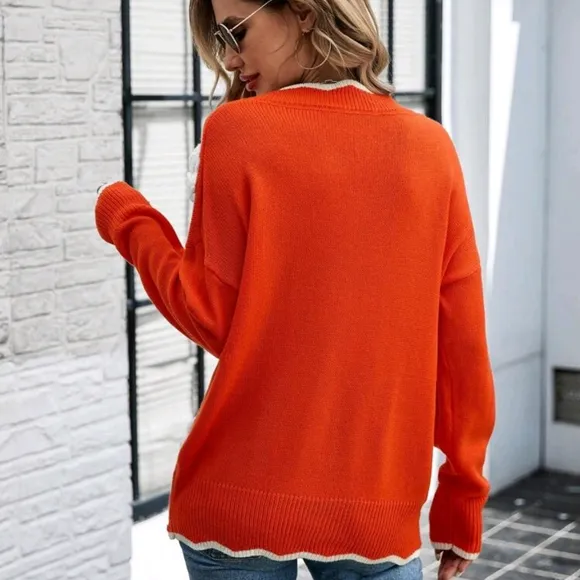 Floral Long Sleeve Sweater In Orange And White